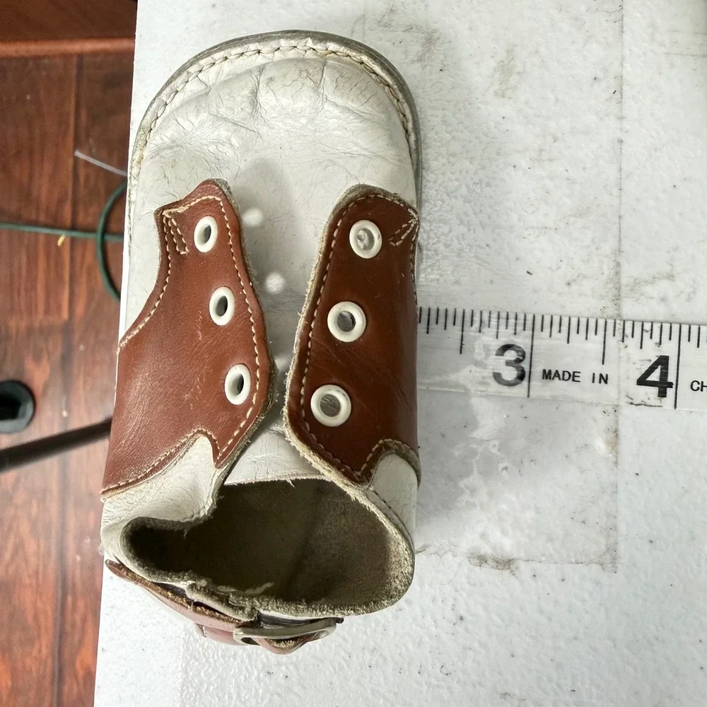 Vintage Leather Baby Saddle Shoes Brown White Buckle Heel Infant EST Sz 2 1950s